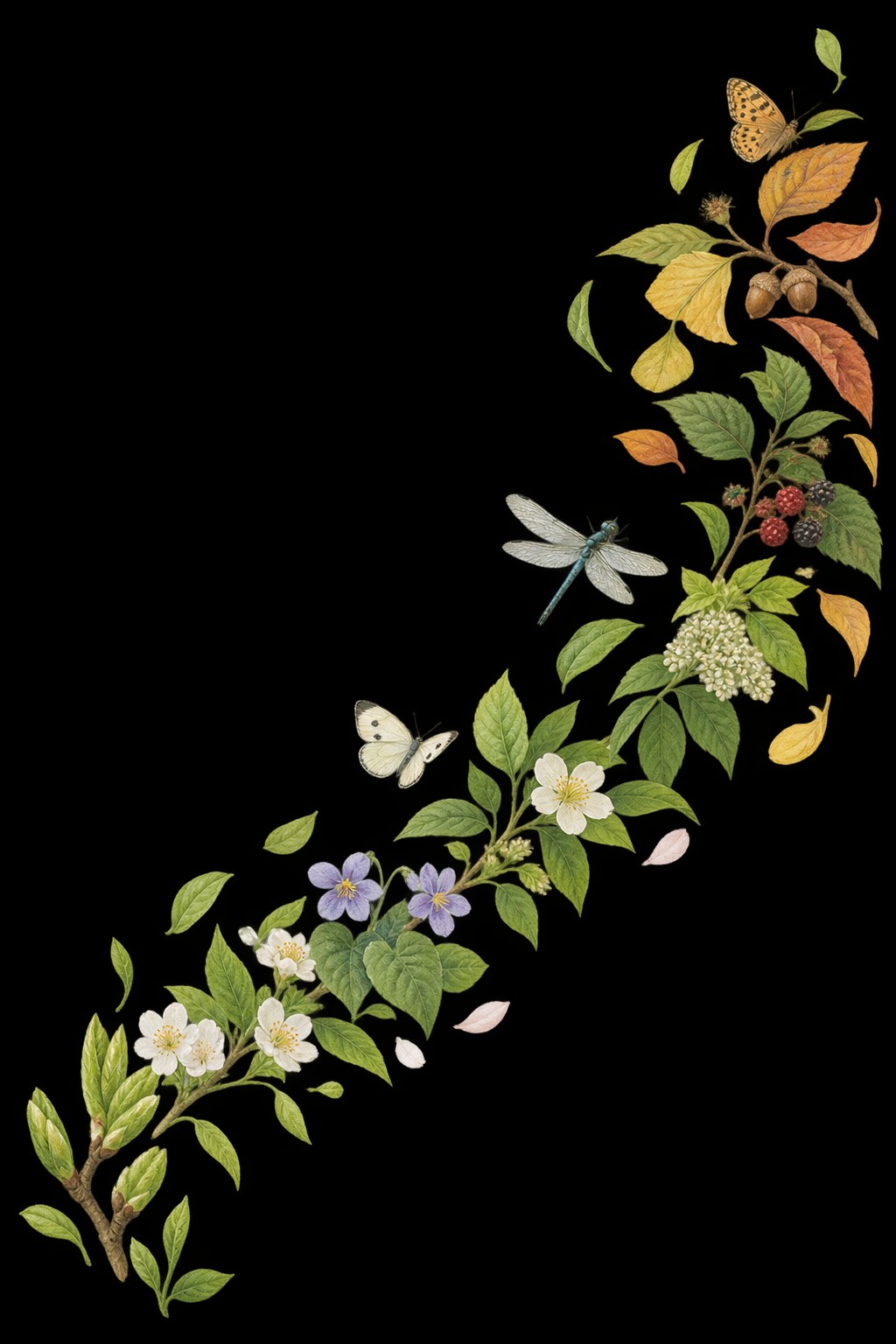 花や葉、蝶、トンボ、木の実が季節の移ろいを表す植物画